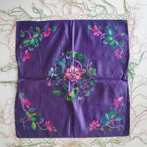 Vtg Purple Floral Embroidered Small Tablecloth Square Satin Decorative Accent